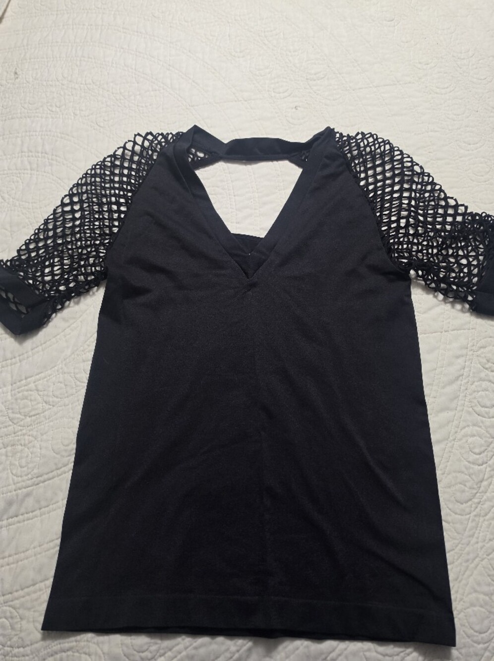 VENUS Black Women's V-Neck Top with Mesh Sleeve Detail